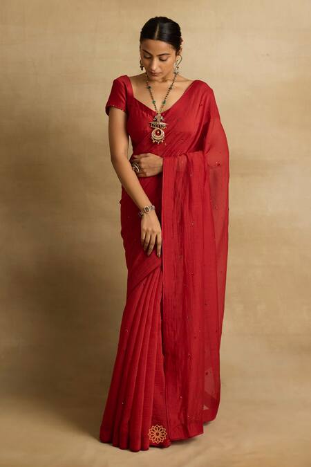 Shop Rhua Red Cotton, , , Sitara Aari And Zardozi Glint Saree Set Online at Aza Fashions Shop_Rhua_Red Cotton, , , Sitara Aari And Zardozi Glint Saree Set _Online_at_Aza_Fashions
