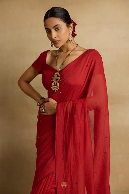 Rhua Red Cotton, , , Sitara Aari And Zardozi Glint Saree Set at Aza Fashions Rhua_Red Cotton, , , Sitara Aari And Zardozi Glint Saree Set _at_Aza_Fashions