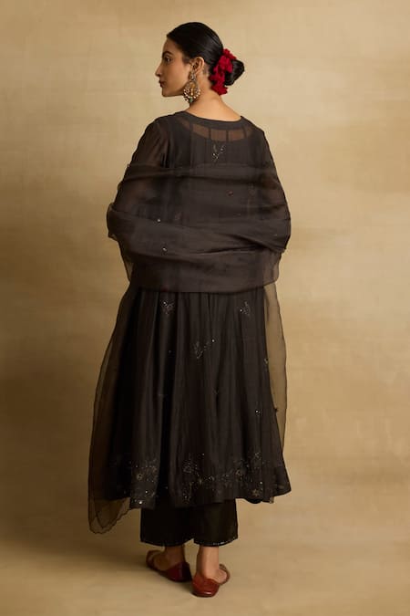 Shop Rhua Black Organza, Cotton, Chanderi Tara Galactic Bloom Aari And Zardozi Anarkali Set at Aza Fashions Shop_Rhua_Black Organza, Cotton, Chanderi Tara Galactic Bloom Aari And Zardozi Anarkali Set _at_Aza_Fashions