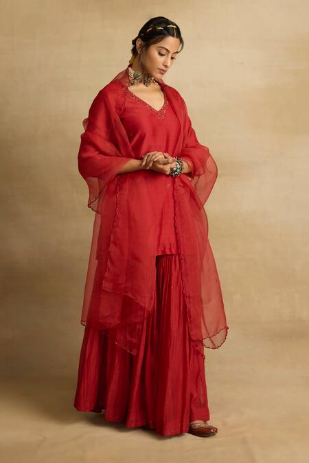 Shop_Rhua_Red Organza, Chanderi Tiya Petite Bloom Aari And Zardozi Work Kurta Sharara Set _Online_at_Aza_Fashions