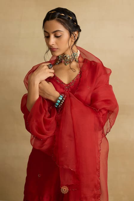 Rhua_Red Organza, Chanderi Tiya Petite Bloom Aari And Zardozi Work Kurta Sharara Set _at_Aza_Fashions