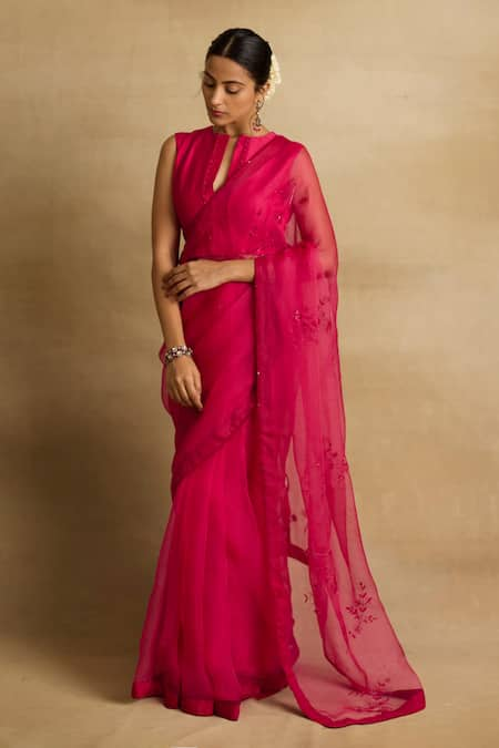 Rhua Pink Organza Embroidery Aari High Notched Ziya Petunia And Zardozi Saree Set 