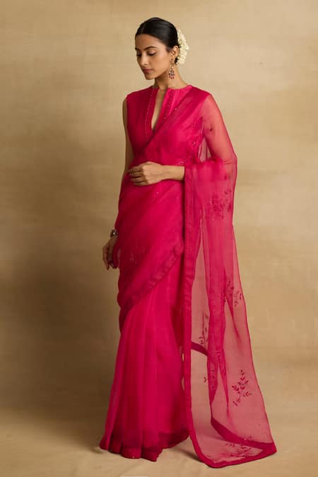 Rhua_Pink Organza, Chanderi Silk, , Ziya Petunia And Zardozi Saree Set _Online_at_Aza_Fashions