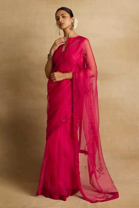 Buy_Rhua_Pink Organza, Chanderi Silk, , Ziya Petunia And Zardozi Saree Set _Online_at_Aza_Fashions