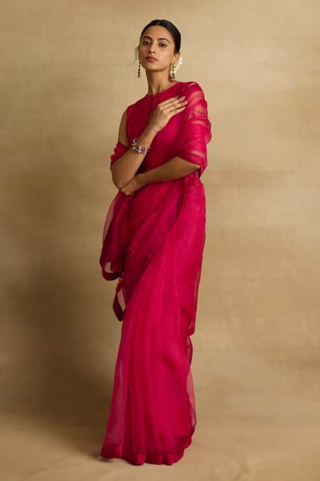 Shop_Rhua_Pink Organza, Chanderi Silk, , Ziya Petunia And Zardozi Saree Set _Online_at_Aza_Fashions