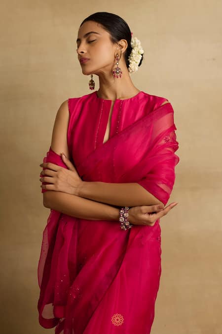 Rhua_Pink Organza, Chanderi Silk, , Ziya Petunia And Zardozi Saree Set _at_Aza_Fashions