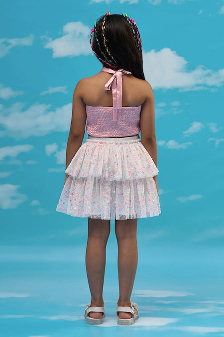 Shop Lil Drama Pink Polyester Sequins Halter Neck Top And Pant Set at Aza Fashions Shop_Lil Drama_Pink Polyester Sequins Halter Neck Top And Pant Set _at_Aza_Fashions