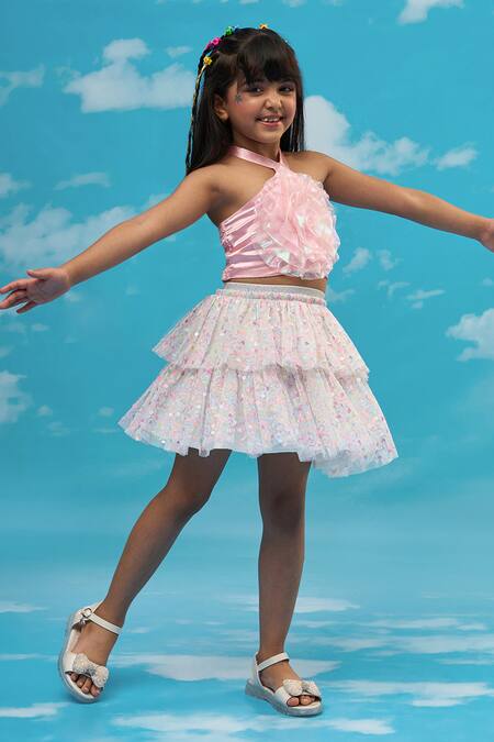 Lil Drama Pink Polyester Sequins Halter Neck Top And Pant Set Online at Aza Fashions Lil Drama_Pink Polyester Sequins Halter Neck Top And Pant Set _Online_at_Aza_Fashions