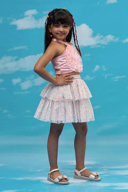 Buy Lil Drama Pink Polyester Sequins Halter Neck Top And Pant Set Online at Aza Fashions Buy_Lil Drama_Pink Polyester Sequins Halter Neck Top And Pant Set _Online_at_Aza_Fashions