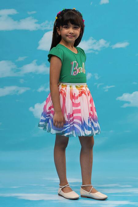 Shop_Lil Drama_Green Cotton, Polyester Barbie Print T-shirt And Skirt Set_Online_at_Aza_Fashions