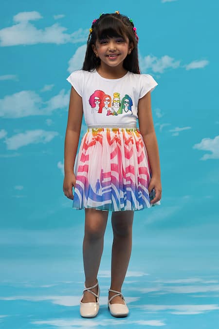 LIL DRAMA White T-shirt Cotton Printed Barbie And Skirt Set 