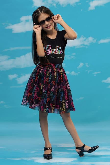 LIL DRAMA Black T-shirt Cotton Printed Barbie And Flared Skirt Set 