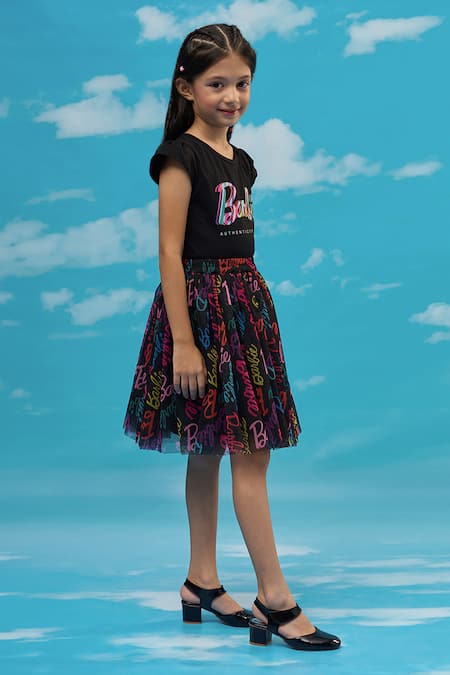 Lil Drama_Black Cotton, Polyester Barbie Print T-shirt And Flared Skirt Set_Online_at_Aza_Fashions