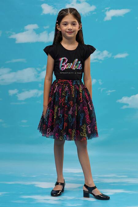 Buy_Lil Drama_Black Cotton, Polyester Barbie Print T-shirt And Flared Skirt Set_Online_at_Aza_Fashions