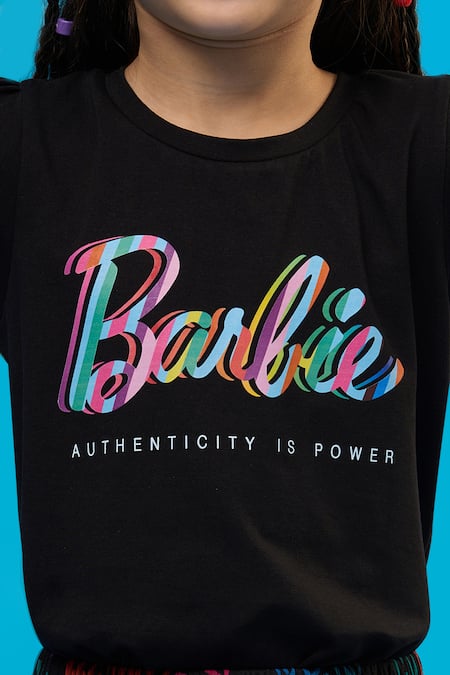 Lil Drama_Black Cotton, Polyester Barbie Print T-shirt And Flared Skirt Set_at_Aza_Fashions