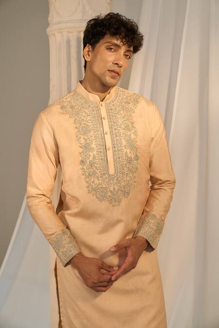 Buy_Soniya G_Beige Handloom Cotton Embroidery Floral Kurta Pant Set _Online_at_Aza_Fashions