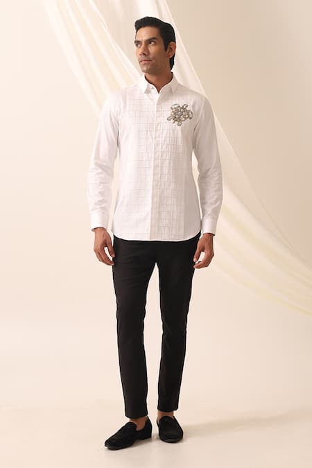 Shop_Seven_White Cotton Embroidery Quick Turtle Motif Shirt_Online_at_Aza_Fashions