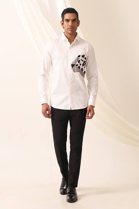 Seven_White Cotton Embroidery Laopard Face Patch Shirt_at_Aza_Fashions