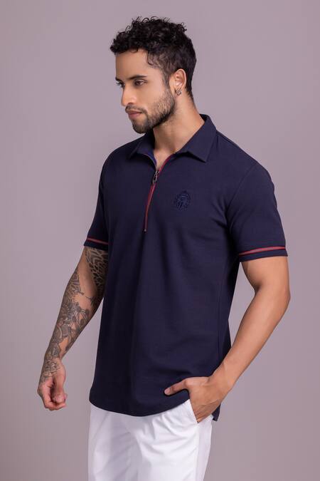 Amit Arora Blue Cotton Embroidery Half Sleeve Zipper T-shirt Online at Aza Fashions Amit Arora_Blue Cotton Embroidery Half Sleeve Zipper T-shirt _Online_at_Aza_Fashions