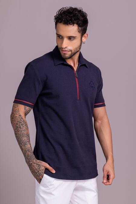 Buy Amit Arora Blue Cotton Embroidery Half Sleeve Zipper T-shirt Online at Aza Fashions Buy_Amit Arora_Blue Cotton Embroidery Half Sleeve Zipper T-shirt _Online_at_Aza_Fashions