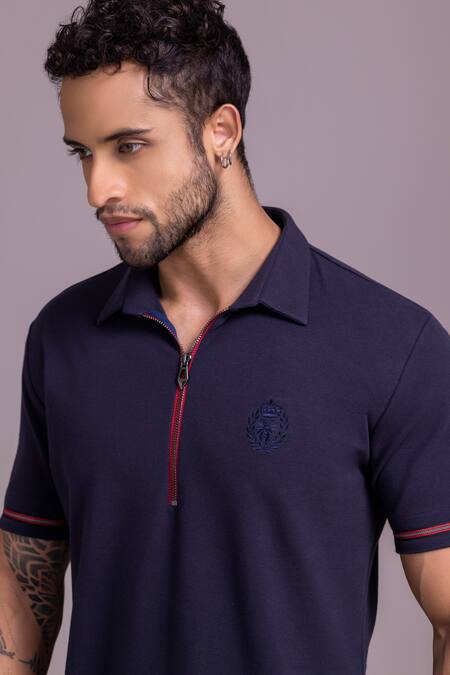 Shop Amit Arora Blue Cotton Embroidery Half Sleeve Zipper T-shirt Online at Aza Fashions Shop_Amit Arora_Blue Cotton Embroidery Half Sleeve Zipper T-shirt _Online_at_Aza_Fashions
