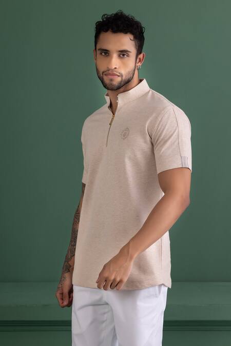 Amit Arora_Beige Cotton Knit Half Sleeve T-shirt_Online_at_Aza_Fashions
