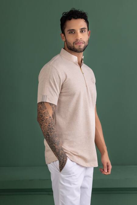 Buy_Amit Arora_Beige Cotton Knit Half Sleeve T-shirt_Online_at_Aza_Fashions