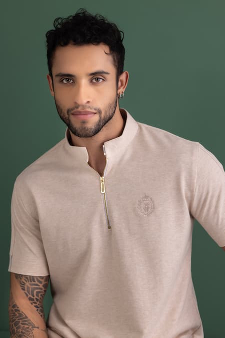 Shop_Amit Arora_Beige Cotton Knit Half Sleeve T-shirt_Online_at_Aza_Fashions