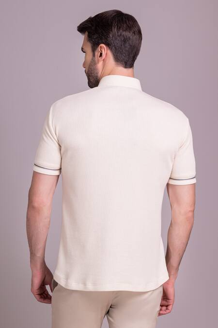 Shop_Amit Arora_Cream Cotton Knit Trim Detailed T-shirt _at_Aza_Fashions