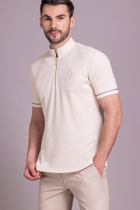Amit Arora_Cream Cotton Knit Trim Detailed T-shirt _Online_at_Aza_Fashions