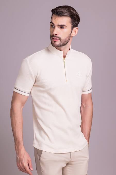 Buy_Amit Arora_Cream Cotton Knit Trim Detailed T-shirt _Online_at_Aza_Fashions