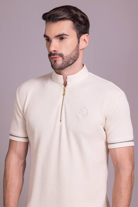 Shop_Amit Arora_Cream Cotton Knit Trim Detailed T-shirt _Online_at_Aza_Fashions