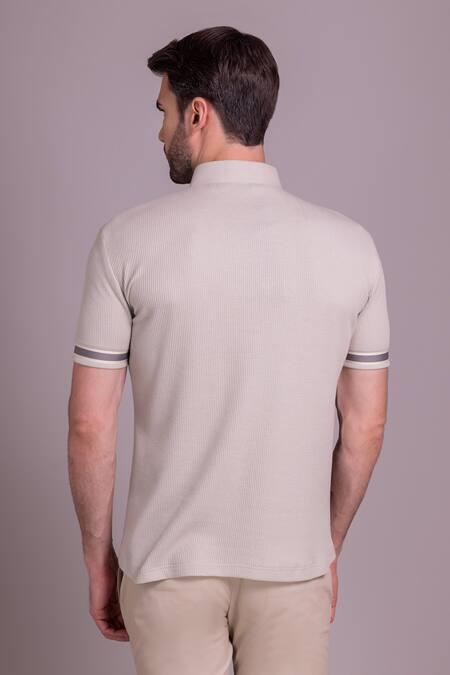 Shop_Amit Arora_Beige Cotton Knit Trim Detailed T-shirt_at_Aza_Fashions