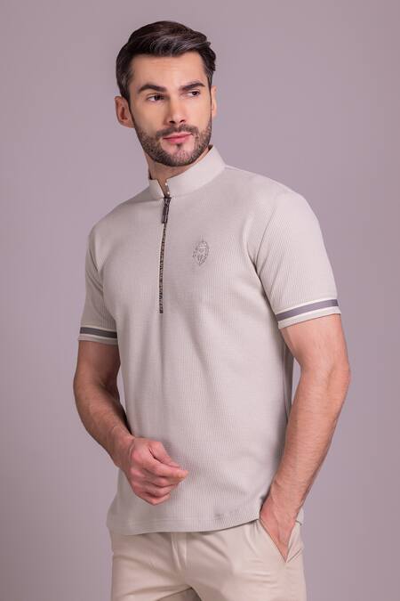 Amit Arora_Beige Cotton Knit Trim Detailed T-shirt_Online_at_Aza_Fashions