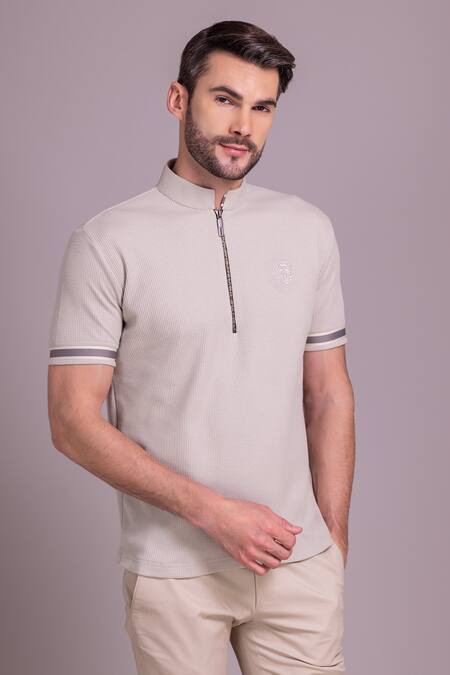 Buy_Amit Arora_Beige Cotton Knit Trim Detailed T-shirt_Online_at_Aza_Fashions