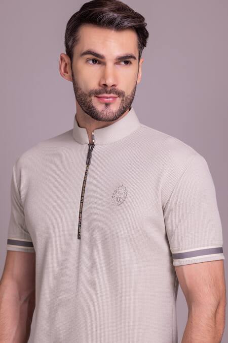 Shop_Amit Arora_Beige Cotton Knit Trim Detailed T-shirt_Online_at_Aza_Fashions