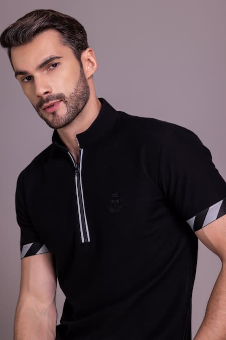 Buy_Amit Arora_Black Cotton Knit Collared Half Sleeve T-shirt _Online_at_Aza_Fashions
