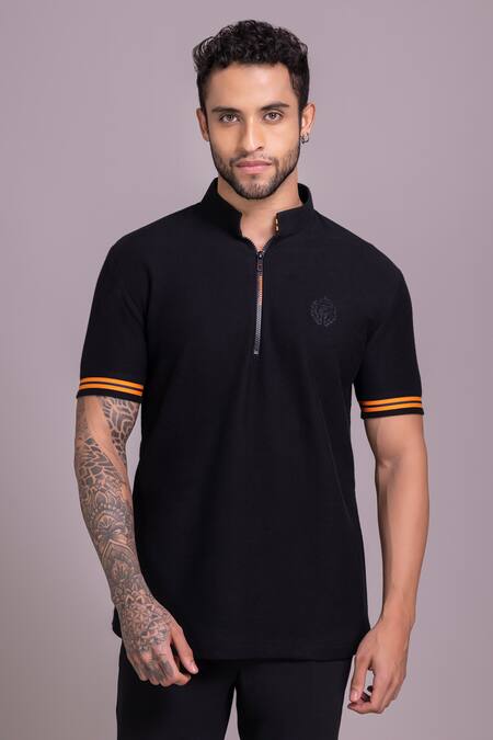 Amit Arora Black Cotton Collared Half Sleeve T-shirt Online at Aza Fashions Amit Arora_Black Cotton Collared Half Sleeve T-shirt _Online_at_Aza_Fashions