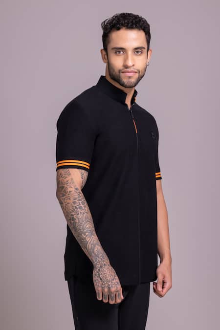 Buy Amit Arora Black Cotton Collared Half Sleeve T-shirt Online at Aza Fashions Buy_Amit Arora_Black Cotton Collared Half Sleeve T-shirt _Online_at_Aza_Fashions
