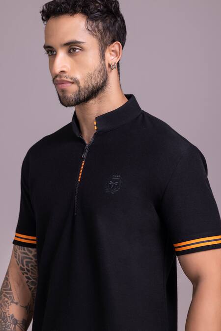 Shop Amit Arora Black Cotton Collared Half Sleeve T-shirt Online at Aza Fashions Shop_Amit Arora_Black Cotton Collared Half Sleeve T-shirt _Online_at_Aza_Fashions