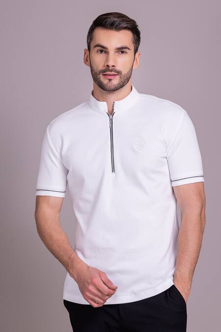 Amit Arora_White Cotton Half Sleeve Collared T-shirt _Online_at_Aza_Fashions