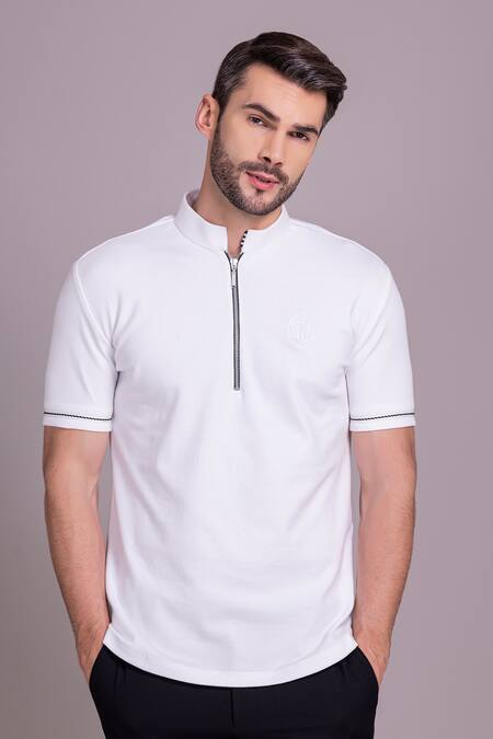 Buy_Amit Arora_White Cotton Half Sleeve Collared T-shirt _Online_at_Aza_Fashions