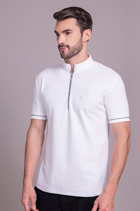 Shop_Amit Arora_White Cotton Half Sleeve Collared T-shirt _Online_at_Aza_Fashions