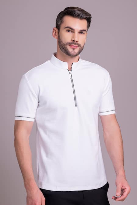 Amit Arora_White Cotton Half Sleeve Collared T-shirt _at_Aza_Fashions