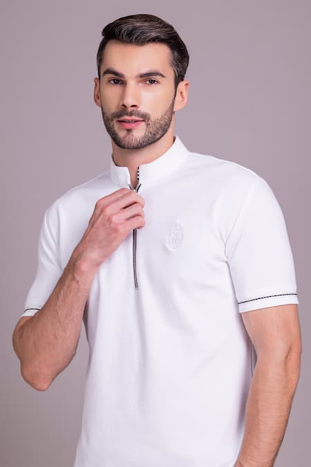 Buy_Amit Arora_White Cotton Half Sleeve Collared T-shirt 