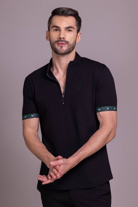 Amit Arora Black Cotton Knitted Half Sleeve T-shirt Online at Aza Fashions Amit Arora_Black Cotton Knitted Half Sleeve T-shirt _Online_at_Aza_Fashions