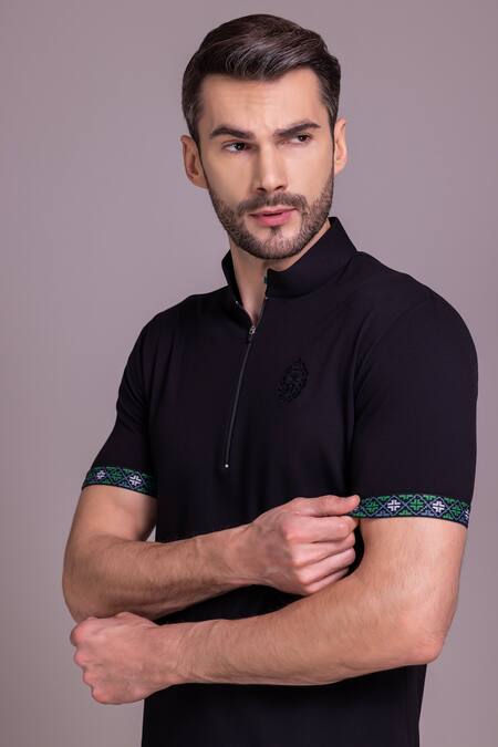 Shop Amit Arora Black Cotton Knitted Half Sleeve T-shirt Online at Aza Fashions Shop_Amit Arora_Black Cotton Knitted Half Sleeve T-shirt _Online_at_Aza_Fashions