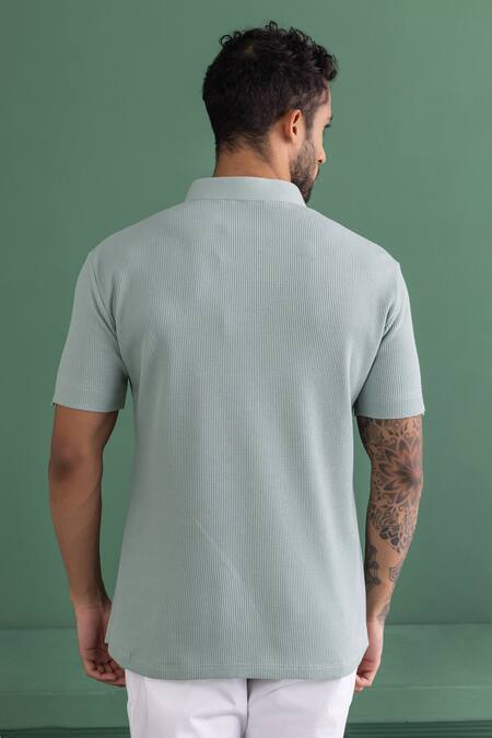 Shop_Amit Arora_Blue Cotton Knit Collared T-shirt _at_Aza_Fashions