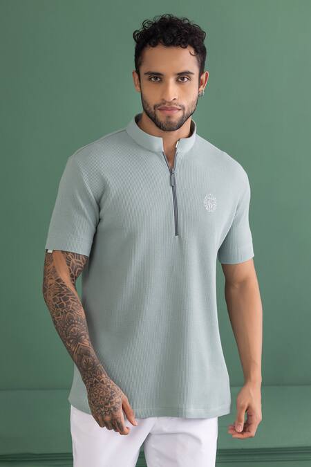 Amit Arora_Blue Cotton Knit Collared T-shirt _Online_at_Aza_Fashions