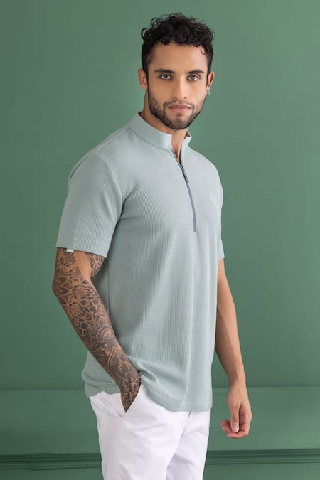 Buy_Amit Arora_Blue Cotton Knit Collared T-shirt _Online_at_Aza_Fashions